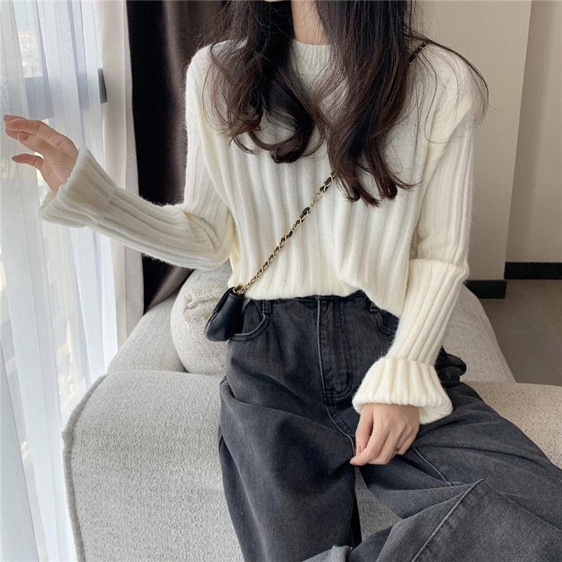 Autumn  Winter  Knitted Pullover Round Neck Versatile Thick Warm Woolen Sweater Bottoming Shirt  Vertical Stripes Loose