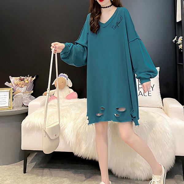 Mid-length Loose Plus Size Sweater Women Long-sleeved V-neck Ripped Tops Spring and Autumn Thin Bottoming Shirt