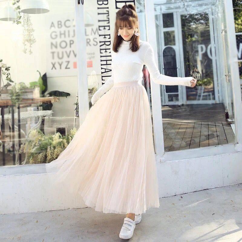Three Layers Yarn Skirt Woman's Mid-length Elastic Waist High Waist A-line Skirt Pleated Skirt Tender Sexy