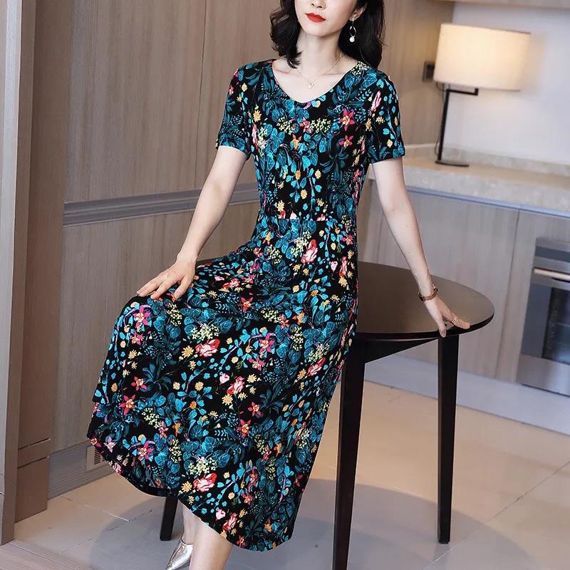 Women's Plus Size Loose Long Printed Dress Slim Round Neck A-line Skirt