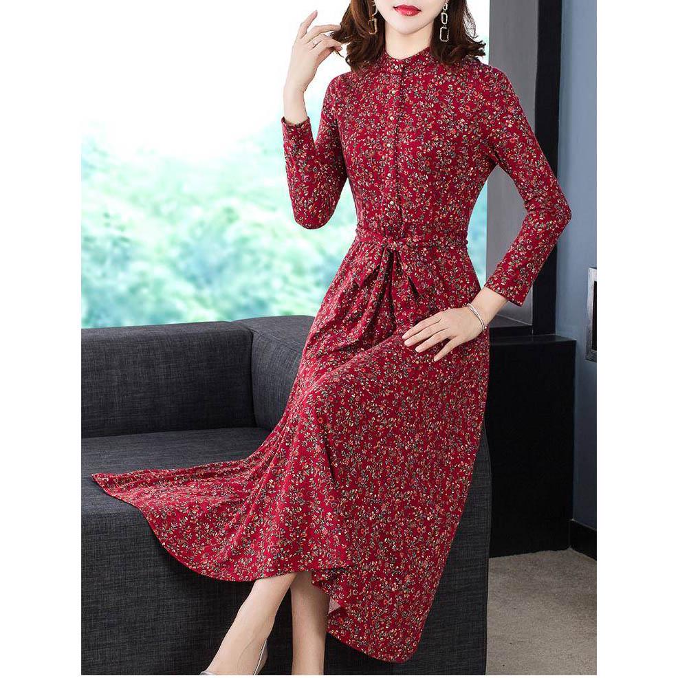 Autumn and winter stand-up collar long-sleeved waist slim dress long skirt floral skirt dress women