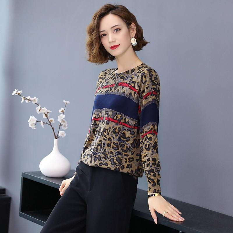 Vintage  Leopard Sweater Female Ethnic Style Print High-end Cashmere Sweater Fashion Pullover Woolen Sweater Outwear