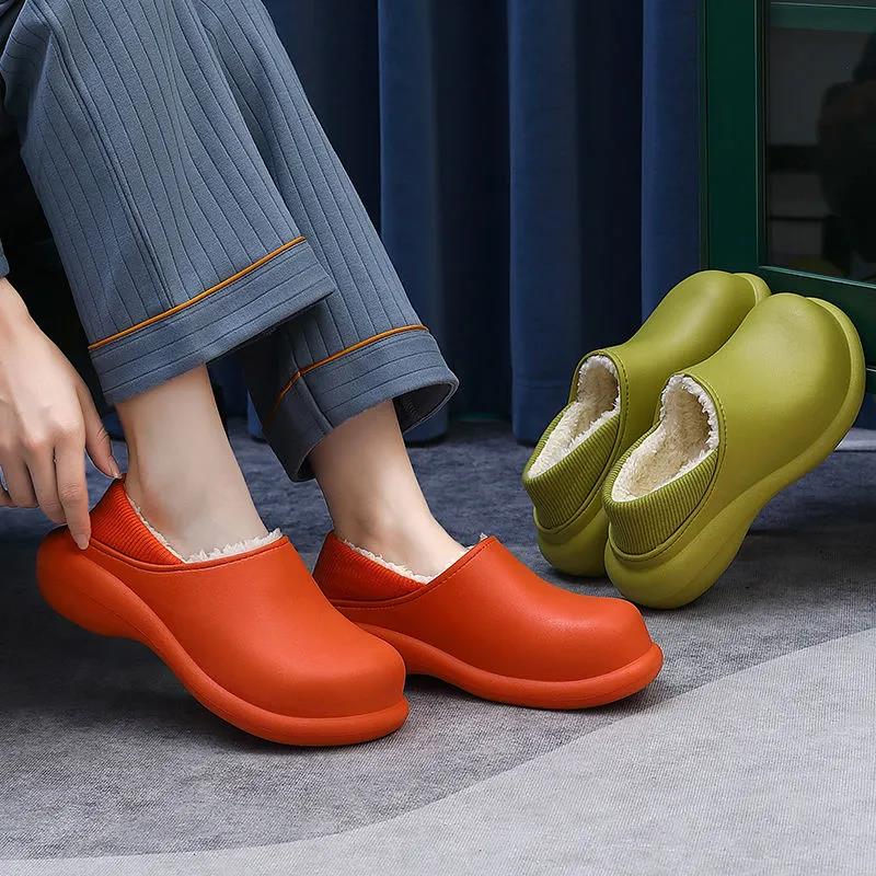Waterproof Cotton Slippers for Women Winter Indoor and Outdoor Cute Plus Velvet Warm Shoes for Home Non-slip Wool Slippers