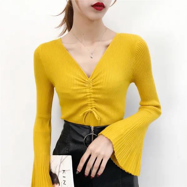 Early Autumn High-end Sweater Women's V-neck Drawstring Long-sleeved Pleated Flared Sleeve Sweater Top Bottoming Shirt