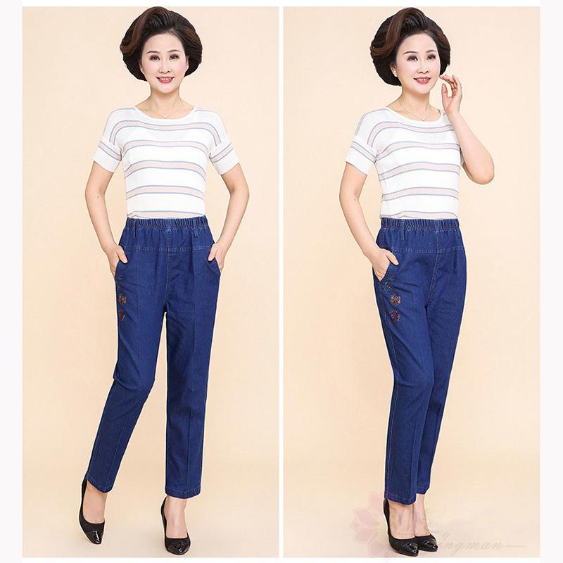 Flower Embroidered Jeans Women's Summer Thin Loose Straight Denim Pants High Waist Straight Stretch Middle-aged and Elderly Elastic Waist Ninth Pants
