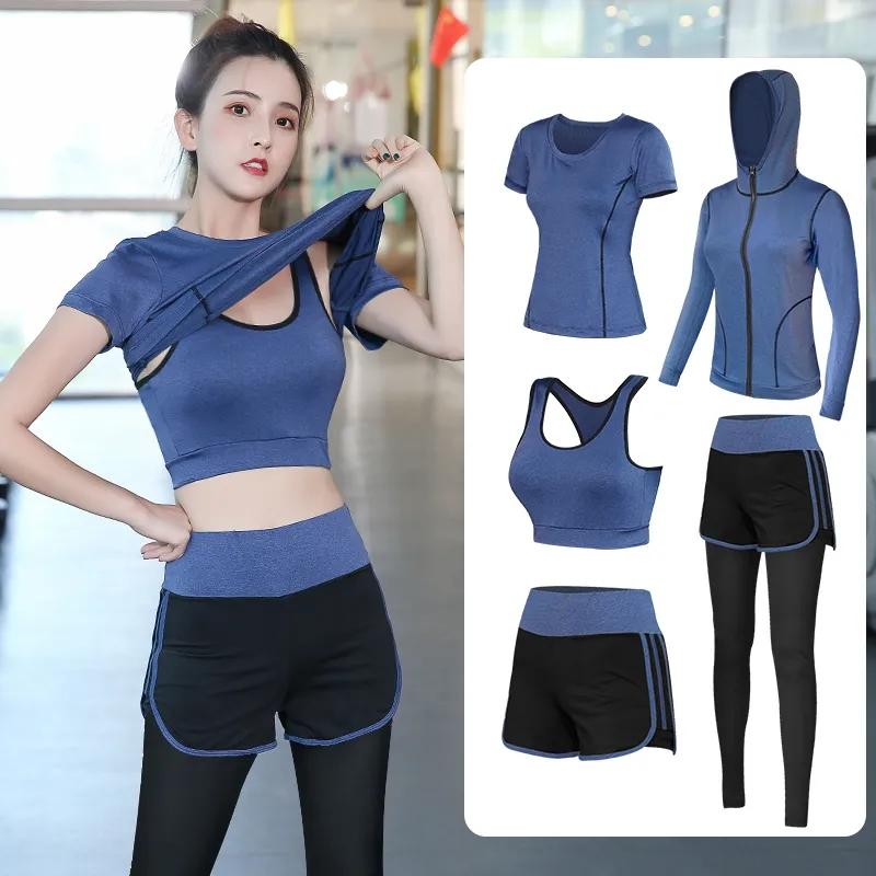 5PCS Women's Sports Suit Four Seasons Yoga Clothing Suit Running Sportswear Running Suit Gym Fitness Clothing Active Wear Elastic Stretch Outwear