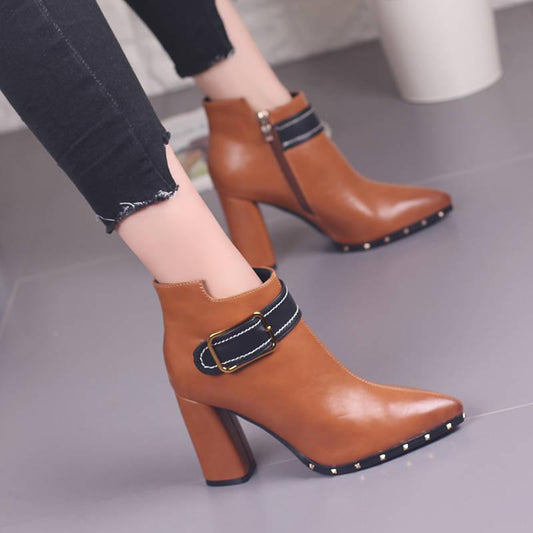 Autumn Winter Ankle Boots Women Solid  Female Elegant Ladies Pointed Toe Square Heel Classic Shoes