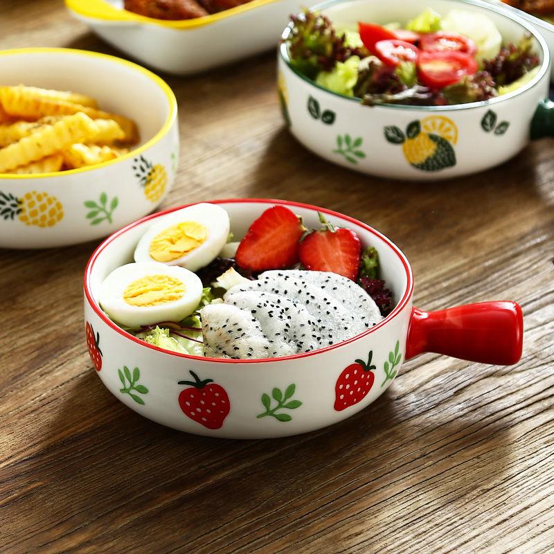 Nordic Style Instant Noodle Bowl with Handle Ceramic Baking Bowl Baked Rice Bowl Fruit Salad Bowl Home Microwave Oven Creative Baking Tray