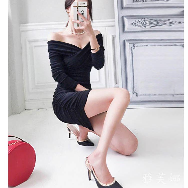Pleated sexy skinny package hip dress woman autumn and winter strapless woman long sleeve dress