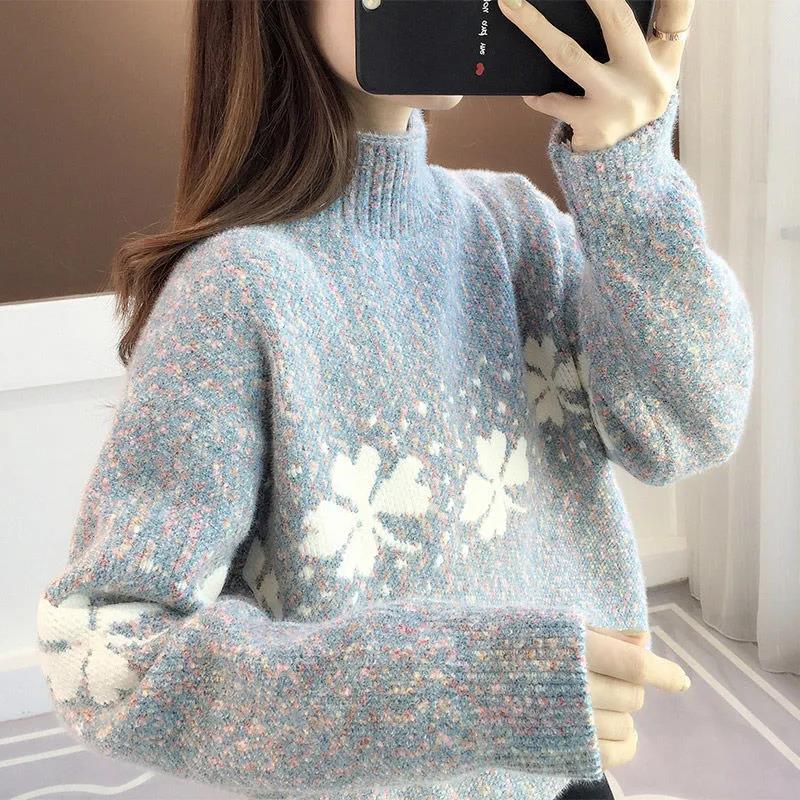 Autumn and Winter Women's Sweater Turtleneck Loose Thick Warm Pullover Korean Print Top
