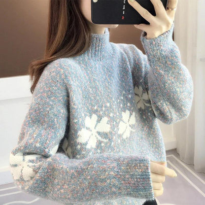 Autumn and Winter Women's Sweater Turtleneck Loose Thick Warm Pullover Korean Print Top