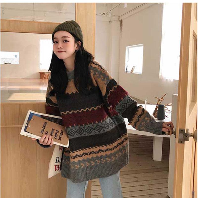 Hong Kong Wind Winter Pullover Sweater Women Loose Loose Lazy Round Neck Long Sleeve Bottoming Shirt