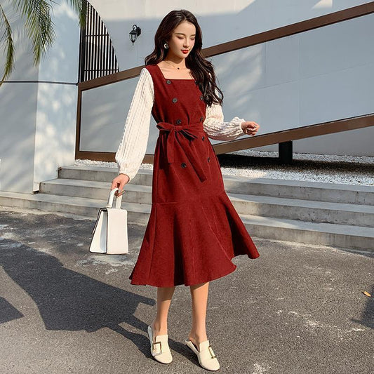 Large Size Dress Spring Dress Waist Waist Was Thin  Fake Two Pieces of Western Style Age-reducing French Retro Long Skirt