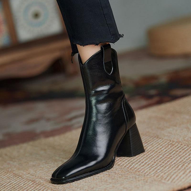 Soft Leather Boots Women Autumn  Winter Vintage Square Toe Short High-heeled Cowboy Boots Chunky Heel Ankle Boots