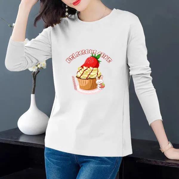 Spring Women Long-sleeved T-shirt Birthday Cake Print Pullover Boutique Bottoming Shirt Casual Loose Shirt