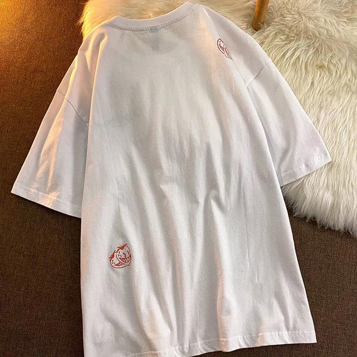 Women Summer Tees Cotton Funny Strawberry Embroidery Short Sleeve T-shirt Half-sleeve Letters Tops
