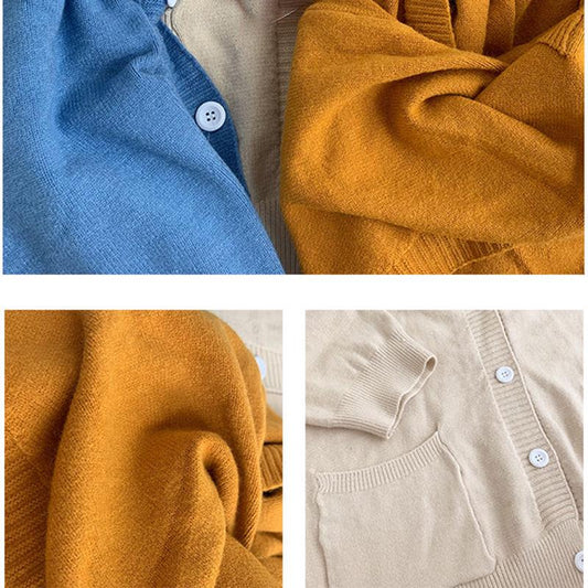 Core-spun Yarn V-neck Uniform with Sweater Coat Knitted Cardigan Loose Lantern Sleeve Women Autumn