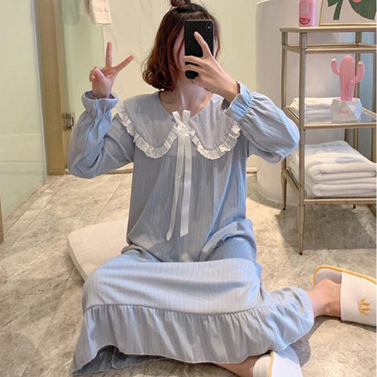 Women's Cute Japanese Sweet Bow Nightdress Doll Collar Princess Nightdress Long-sleeves Vertical Striped Pajamas Dress Loose Comfortable Homewear