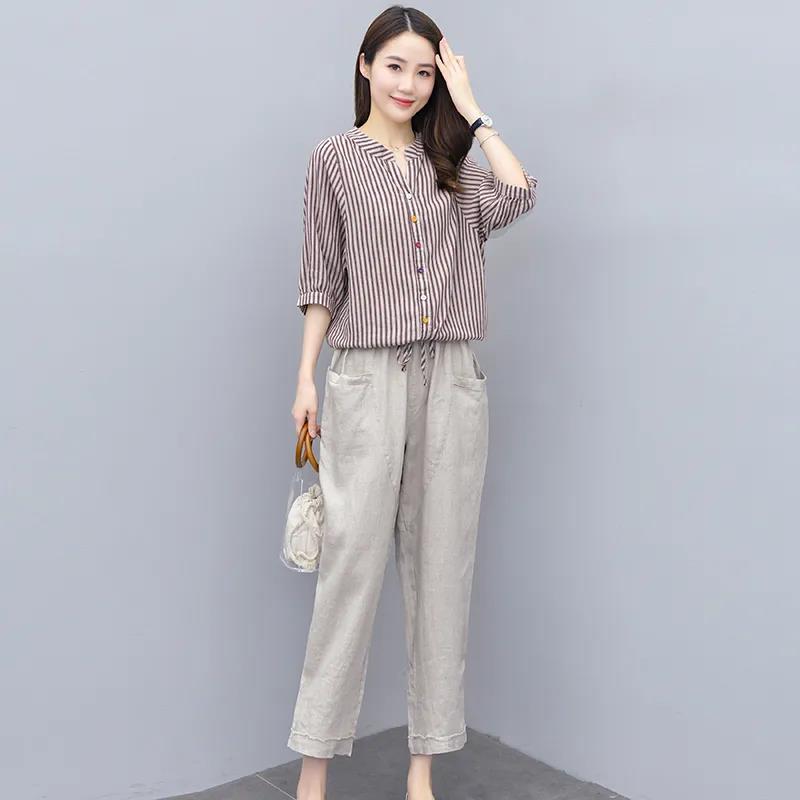 Cotton and Linen Suit Women's Striped Top Trousers Casual Two-piece Suit Pants Striped Shirt Elastic Waist Casual Pants Ladies Loose Casual Suit