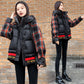 Women's Plaid Print Short Down Jacket Winter Korean Loose Quilted Jacket Casual Warm Hooded Down Jacket