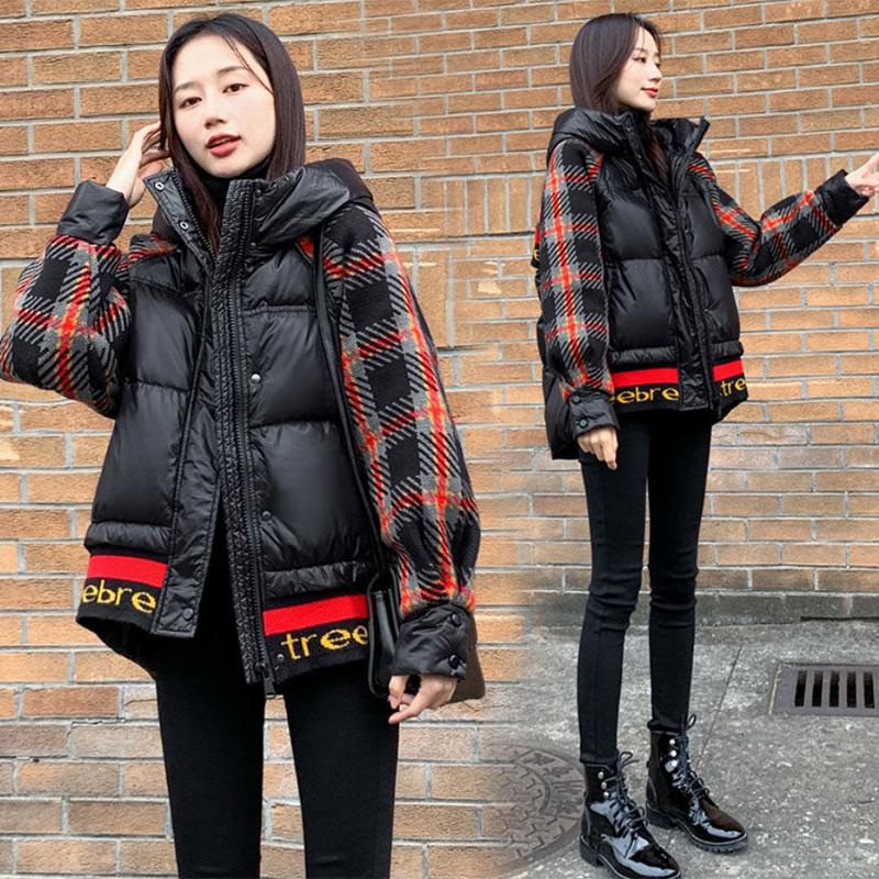 Women's Plaid Print Short Down Jacket Winter Korean Loose Quilted Jacket Casual Warm Hooded Down Jacket