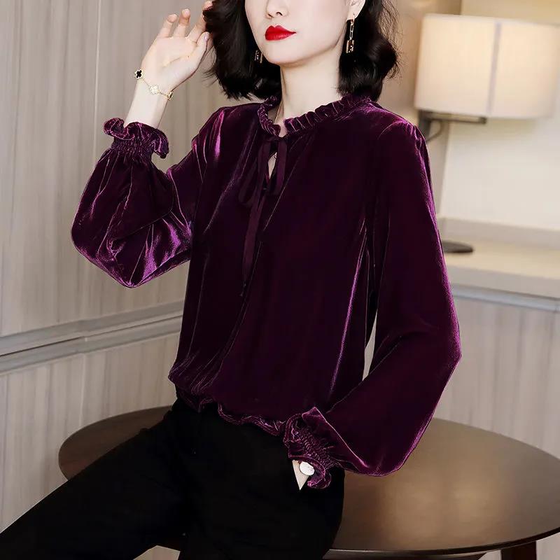 Long Sleeve Velvet Shirt Women's Spring and Autumn Loose Solid Color Bottoming Shirt Top