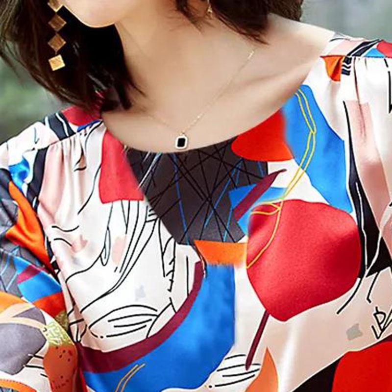 Women's Round Neck Top Summer Print Loose Versatile Ice Silk Short Sleeves