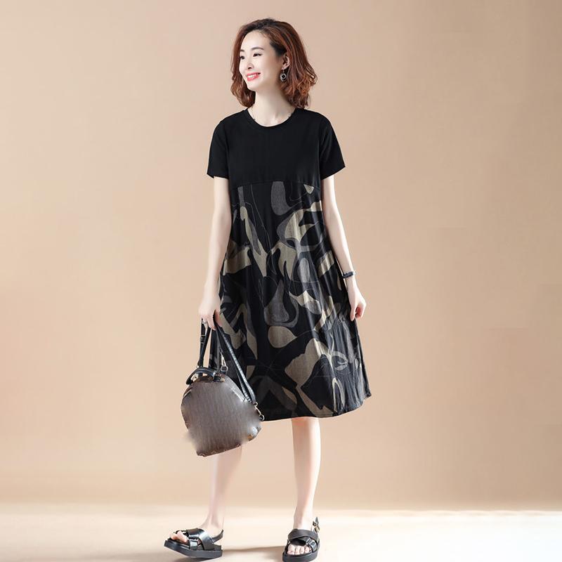 Large Size Women's Loose Belly Cover Stitching Mid-length Dress Round Neck Short-sleeved Straight Dress Printed Skirt Light and Breathable