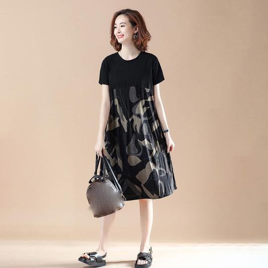 Large Size Women's Loose Belly Cover Stitching Mid-length Dress Round Neck Short-sleeved Straight Dress Printed Skirt Light and Breathable