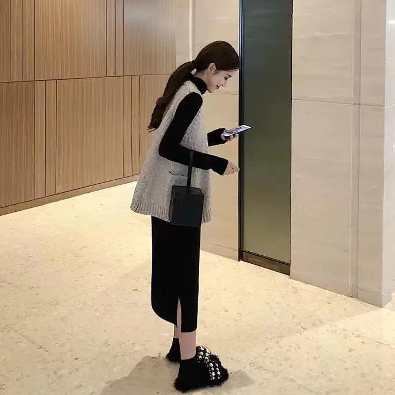 Women's Thin High-necked Dress Knitted V-neck Vest Two-piece Suit, Loose and Thin Bottoming Inner Wear Women's Sweater Suit
