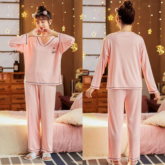 Women's Long-sleeved Pajamas Set Daisy Print V-neck Home Wear Suit Spring Sweet Casual Large Size Loose Pajamas Two-piece Set