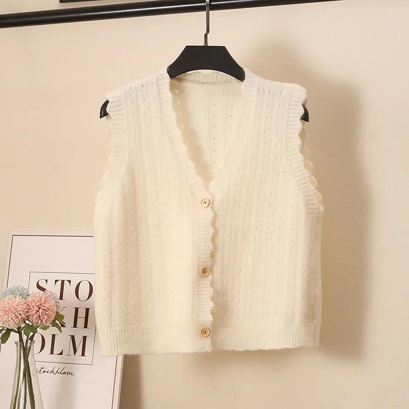 Wool Knitted Vest Women's Vest Spring and Autumn Loose Short Wave Side Single-breasted Hollow Sweater Small Cardigan