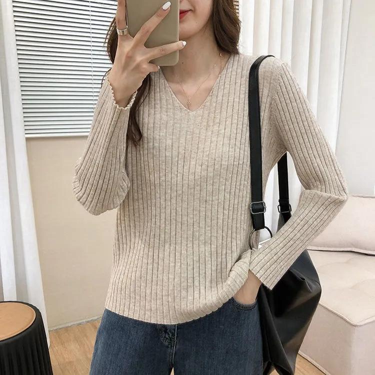 Autumn Winter V-neck Women Pullover Sweater Knitting Sweaters Casual Loose Korean Jumpers Winter Inside Bottoming Tops Long Sleeve Solid Basic Top