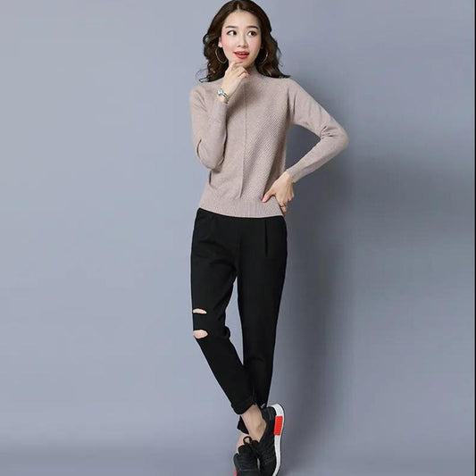 Fashion Women's Sweater Short Hedging Thickening Slim Thin Half High Neck Solid Color Sweater Top