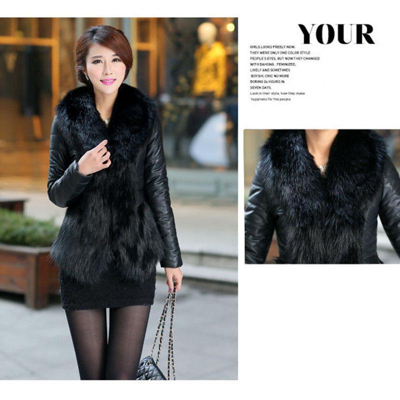 Autumn and Winter Faux Fur Coat Short Women Plus Cotton Thick Leather Coat with Faux Fox Fur Collar Female Black Leather Coat