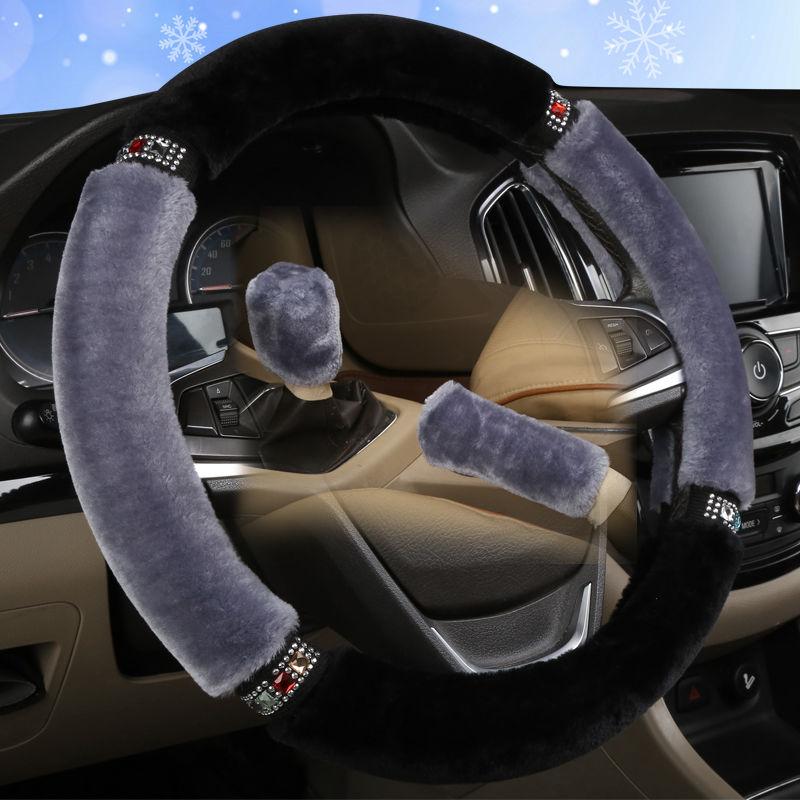 Universal Car Steering Wheel Cover Set 37-38cm Diameter Soft Plush Rhinestone Interior Trim Family Car SUV Pickup Accessories