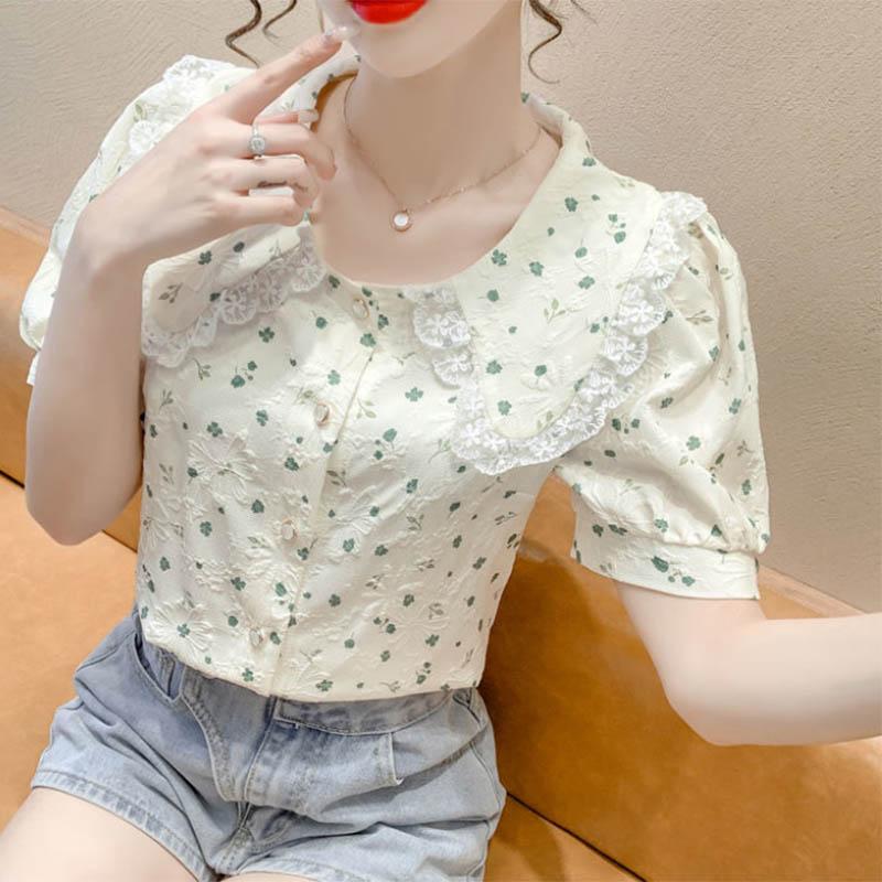 Floral Bubble Short-sleeved Top Design Sense Niche French Sweet Doll Collar Top Women