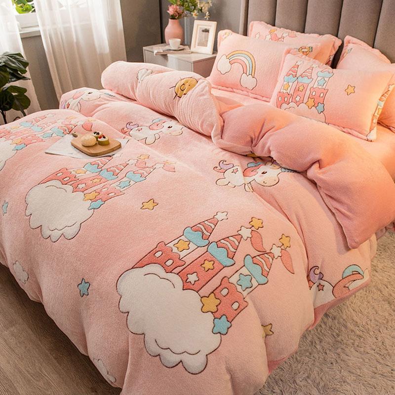 Winter Warm Coral Fleece Four-piece Double-sided Fleece Sheet Duvet Cover Flannel Bedding