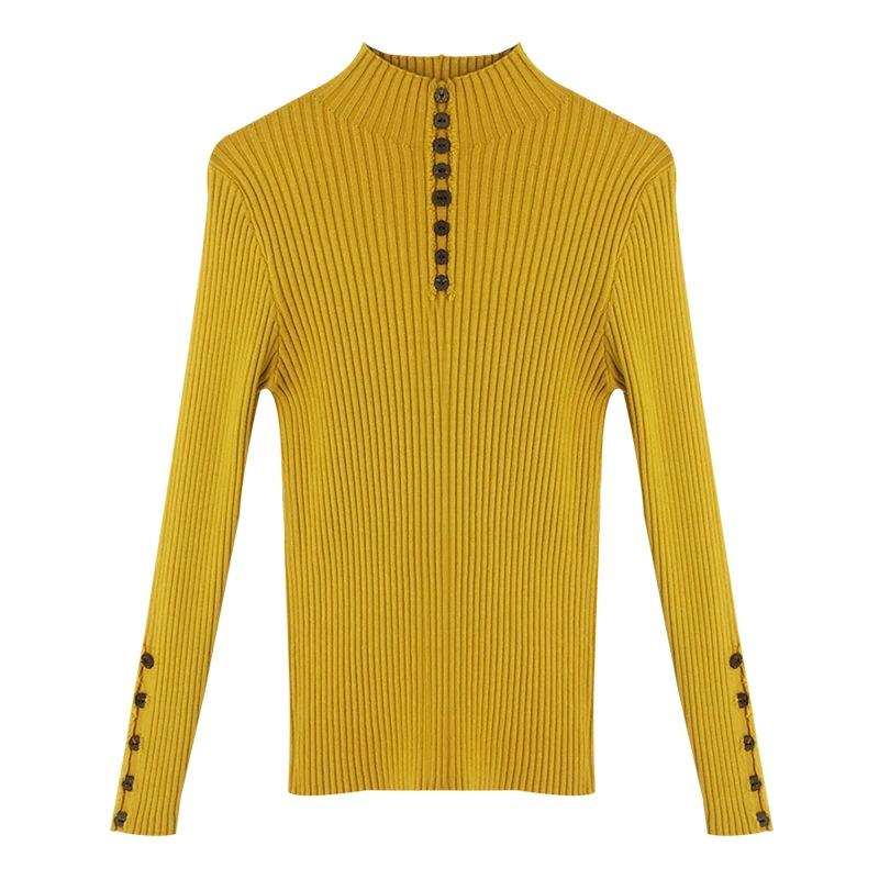 Women Pullover Sweater Button Decor Autumn Winter Half Turtleneck Slim Thick Knitting Sweater Soft Warm Jumper Basic Tops Bottoming Shirt White Black