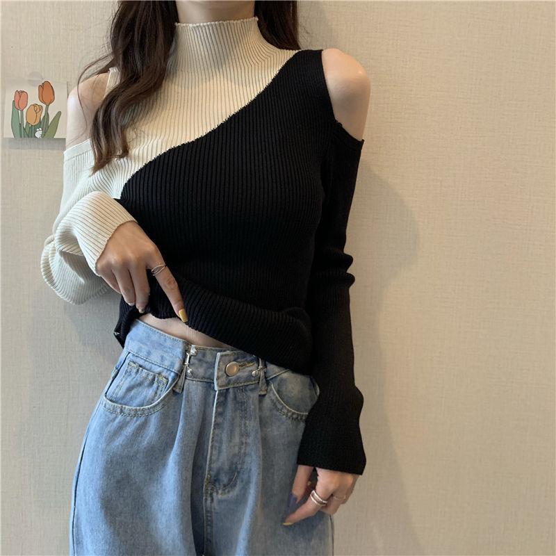 Fashion Design Contrast Sweater Strapless Sexy Long-sleeved Sweater Women's Half High Neck Bottoming Top