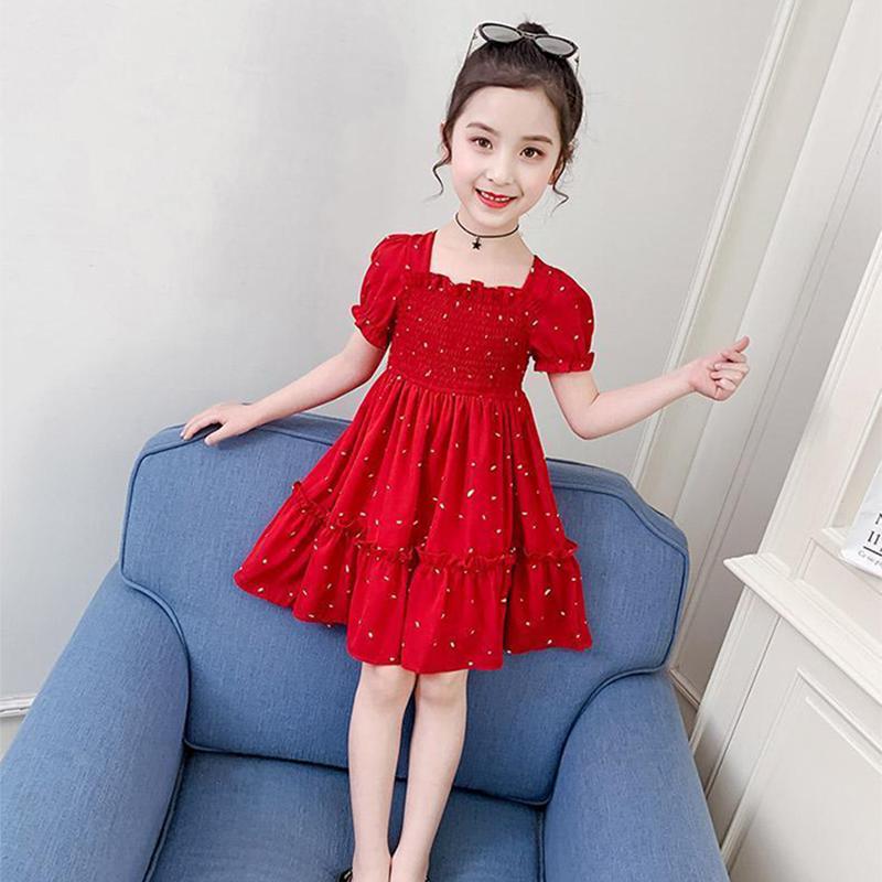 Kids Girls Sweet Summer Polka Sundress French Stylish A-Line Pleated Ruffle Short Sleeve Dress for Party Birthday Gift