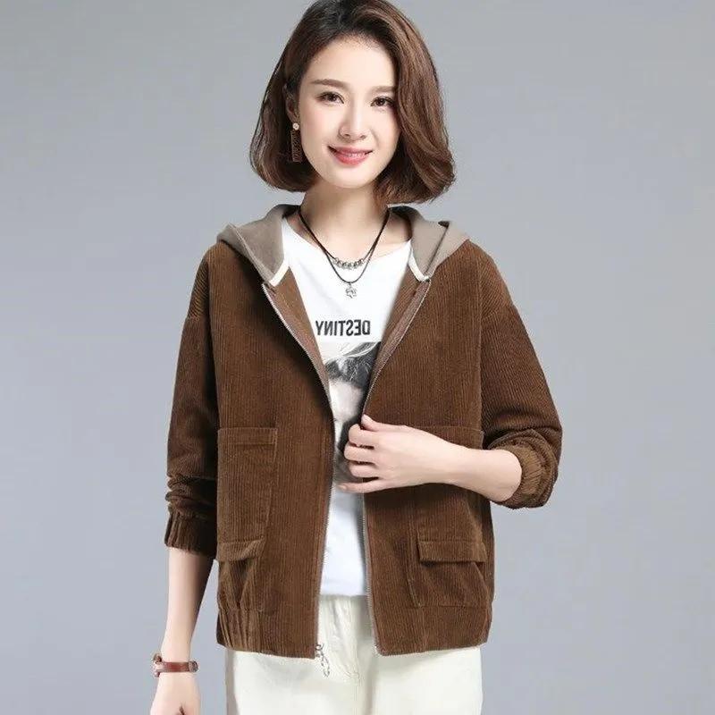 Corduroy Short All-match Hooded Loose Coat Women's Spring and Autumn Korean Plus Size Female Thin Top All Match Short Outerwear