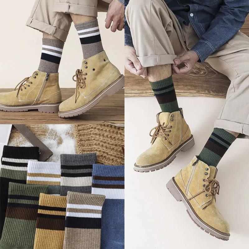 Men's Five Pairs of Stockings Retro Striped Cotton Socks Winter Thickened Warmth and Deodorant Antibacterial High Socks