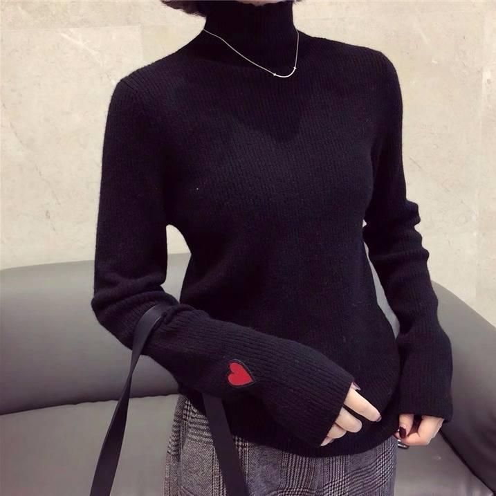 Women Embroidery Turtleneck Knitted Bottoming Shirt Slim Was Thin Wild Sweater Solid Color