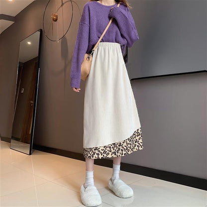 Autumn and Winter Retro Corduroy Leopard Print Stitching Skirt Female High-waisted Thin A-line Mid-length Umbrella Skirt