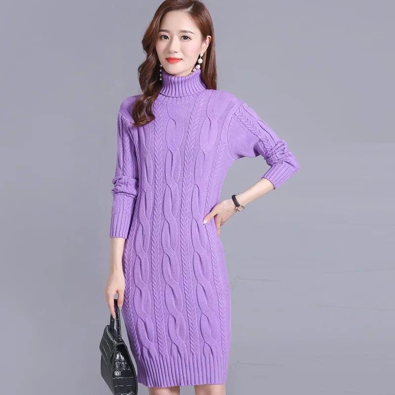 Sweater Women's Turtleneck Pullover Mid-length Knitwear Korean Pure Color Trending Sweater Dress Clothes Set Autumn and Winter