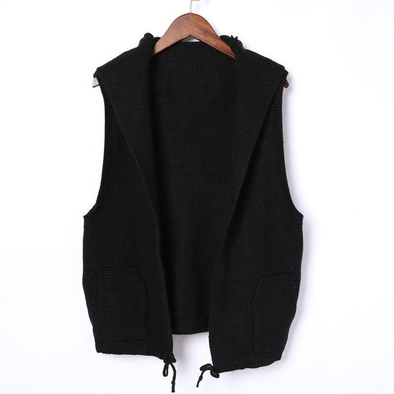 Spring and Autumn Thin Woolen Pure Color Vest Women's Hooded Short Fashion Jacket Wild Cardigan Sleeveless Knitted Sweater