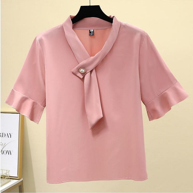Summer Ladies Top Sleeve Shirt Chiffon Short Sleeve blouse V-neck Solid Color Breathable blouse