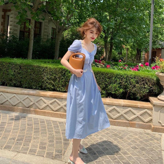 Female Simple Slim Elegant Shoulder Covering French Gentle Romantic Summer Solid Color Long Dress