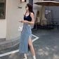 Denim Skirt Long Skirt Women Solid Split  High Waist Over The Knee Hip Skirt Casual Club Home Office